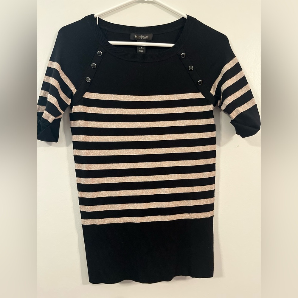 White house Bllack Market black sweater, gold stripes, 3/4 sleeves, Women Size S